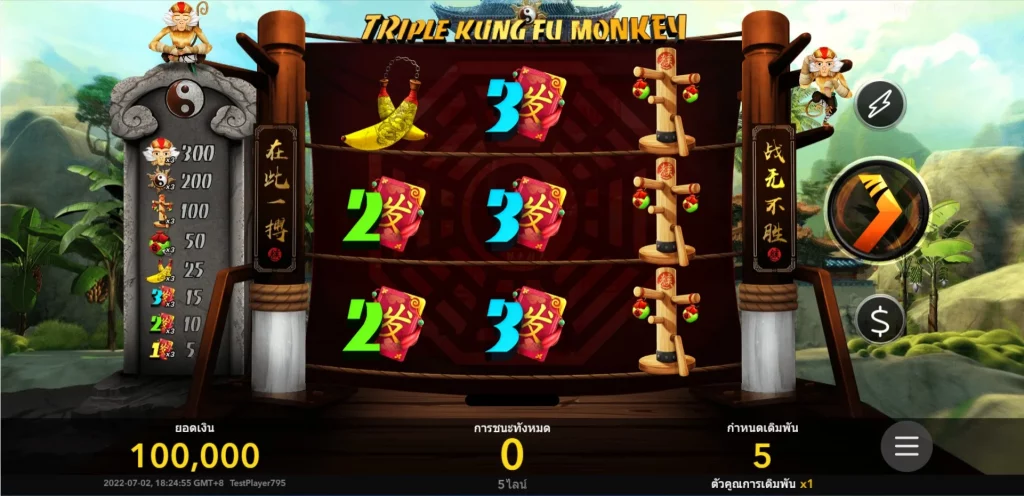 ฟีเจอร์ของเกมสล็อต Triple Kung Fu Monkey รูปแบบ 3 วงล้อ 3 แถว 5 เพย์ไลน์การชนะ